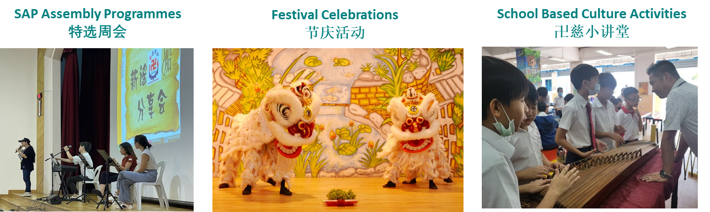 Three school cultural activity photos: assembly performance, lion dance celebration, and students learning guzheng.